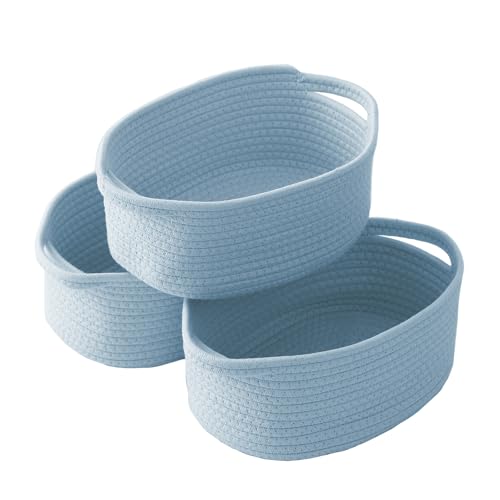 Image of JMvicyroam Small Woven Basket, Empty Gift Basket, Blue /3 Pack | Small Gift Basket, Cotton Rope, 12 x 8 x 32 in, Handles, Includes Ribbon and Bag, Birthday Gift Basket
