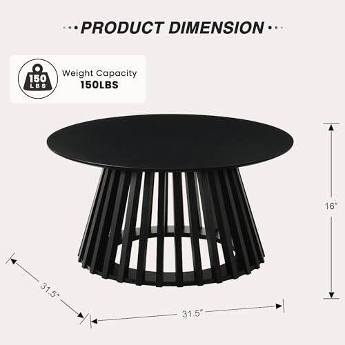 Image of HNY Black Round Coffee Table, Wood 31.5 inch Center Table for Living Room | Modern Mid Century Circle Coffee Table with Fluted Base for Outdoor Patio, Home Small Space, Bedroom, Apartment, Studio