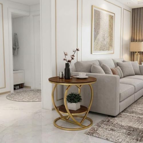 Image of Coffee Table for Living Room Modern Corner Sofa Side Bedside Tables Snack End Table for Bedroom,Brown Table Top with Gold Metal Frame