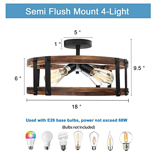 Image of Semi Flush Mount Ceiling Light Fixture, Modern Farmhouse Wood Drum Ceiling Lamp, Rustic Close to Ceiling Lighting for Hallway Entryway Laundry Room Bedroom (Bulb Not Included)