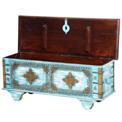 Image of Jave Wooden Trunk Box for Storage | Solid Wood Coffee Table for Living Room | Handcrafted Center Tea Table with Sandook Storage for Living Room | Pitara for Bedroom (Light Blue Distress)