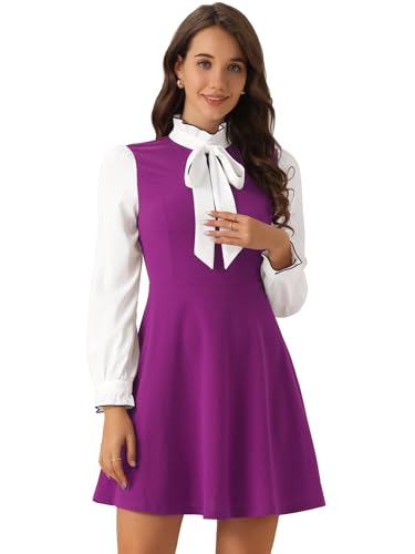 Image of Allegra K Tie Neck Dresses for Women's 1960s Vintage Long Sleeve Contrast Color Dress