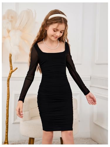 WDIRARA Girl's Square Neck Long Sleeve Ruched Bodycon Dress Casual Dresses3