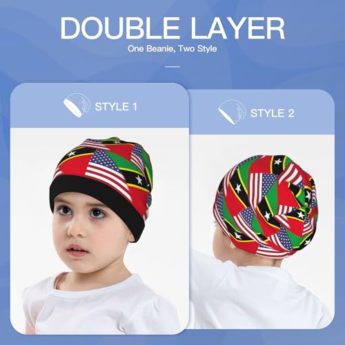 American Flag and Saint Kitts and Nevis Flag Kids Leisure Elastic Knitted Hat Junior Large Size Knit Cap Child Beanie Black3
