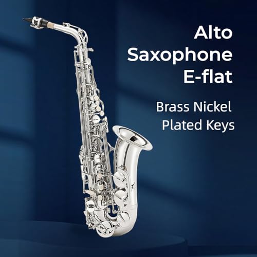 Image of Beginner Alto Saxophone, E Flat - Complete Starter Kit with Case & 10 Reeds, for Adults & Students, Easy to Play for School Band & Practice(Nickel)