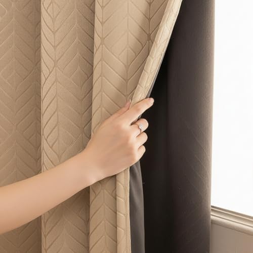 Image of HOMEMONDE 100% True Blackout Curtains 7 Feet Door - Pack of 2 Curtains, Embossed Panels Light Block Thermal Insulated & Noise Reducing Top Style Rod Pocket Curtains (Beige, 84Inch)