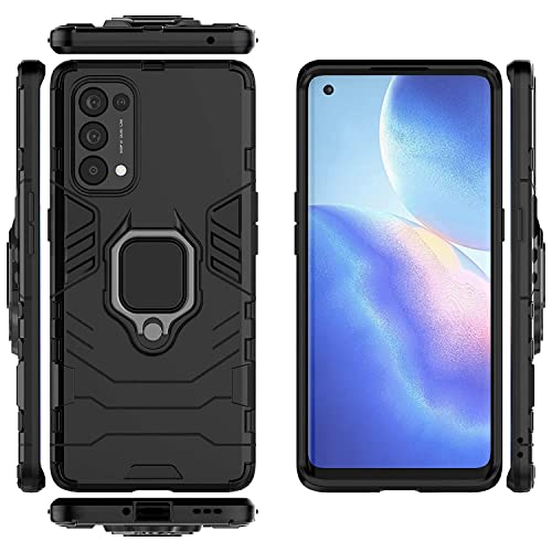 Image of WOW IMAGINE Shock Proof Back Case Mobile Cover for Oppo Reno 5 Pro | Back Cover Case (Tough Armor | Hybrid PC + TPU | Ring Holder & in-Built Kickstand | Black)