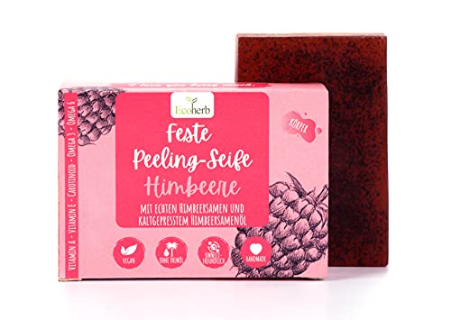 Ecoherb feste Peeling-Seife Himbeere | Handgemachte Seife mit echten Himbeersamen und kaltgepresstem Himbeersamenöl | Mit Vitamin A und Omega 3 | Vegan, palmölfrei und ohne Plastik | 100g Cover
