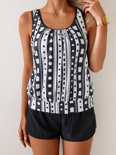 Image of Aidonger Women's Tankini Swimsuit Modest Two Piece Bathing Suit Tummy Control Athletic Blouson Tank Top with Short Bottoms