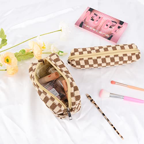 Soidram Makeup Bag Checkered Cosmetic Bag Brown Makeup Pouch 1Pcs Large Capacity Makeup Bags And 1Pcs Pencil Case Makeup Brushes Storage Bag Travel Toiletry Bag Organizer #TOP1