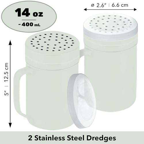 Image of CUSINIUM 14oz Sage Stainless Steel Salt Pepper Dredge Shakers - With Plastic Cap - With Handle - Pack of 2