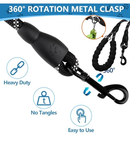 Image of Heavy Duty Dog Leash for Walking & Training 5ft | Reflective Rope Leash with Padded Handle | Anti-Pull Strong Dog Lead for Medium & Large Dogs | 360 Swivel Hook | Night Safety (Black, 5 FT)