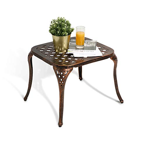 HOMEFUN Outdoor Side Table Small Cast Aluminum Metal End Table for Outside Patio Furniture Bronze
