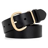 WHIPPY Women Leather Belt for Jeans Pants Dresses Black Ladies Waist Belt with Gold Buckle, Black, M