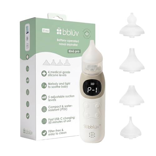 bblüv Rinö Pro Mouche Bébé Électrique Rechargeable USB-C avec 5 Niveaux d’Aspiration, Écran LCD, Musique & 4 Embouts en Silicone – Aspirateur Nasal Bébé Étanche Sans Filtre