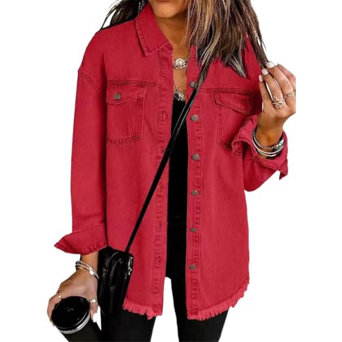 Manteau Femme Mom Jeans à Empiècements Style Loose et Couleur Rouge