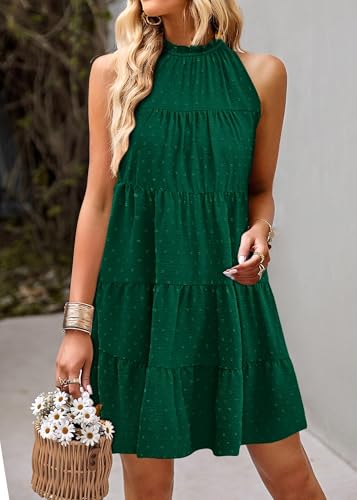 Image of KIRUNDO Summer Sundresses for Women Halter Dress Babydoll | Spring Sleeveless Halter Top, Flowy Tiered Pleated, Western Cute Country Concert, Beach Wedding Guest Vacation Cruise Dress