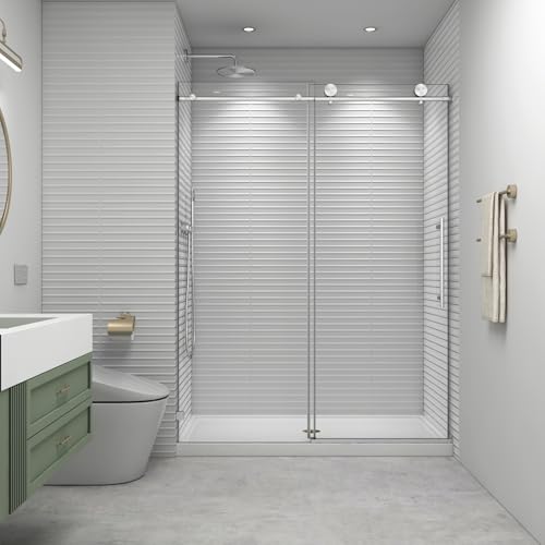 EPXMKX 56'- 60' W x 76' H Soft Closing Sliding Frameless Shower Doors,Water Repellent Shower Door,5/16' (8mm) Transparent Glass,Nano Explosion-Proof Film (Brushed Nickel 60' Wx76 H)