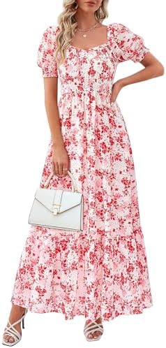 PRETTYGARDEN Women's Floral Boho Maxi Dresses Flowy Short Sleeve ...