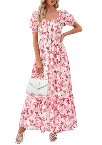 Image of PRETTYGARDEN Women's Summer Floral Boho Eyelet Flowy Maxi Dresses | Embroidered,Hollow Out,Sweetheart Neck,Lantern Short Sleeve,Smocked Pockets,Fit and Flare,Swing Long,Beach Vacation Clothes