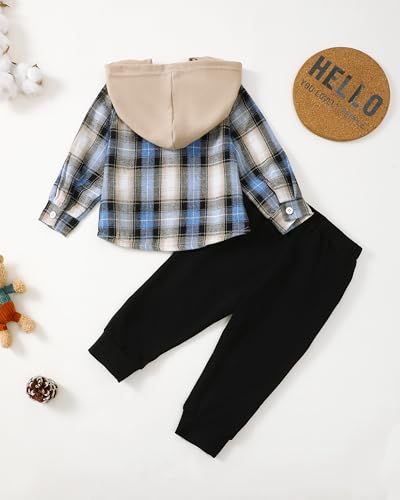 Image of Renotemy Toddler Baby Boy Clothes Winter Hoodie Flannel Boys Outfits 12M-4T | Toddler Boys Outfits,Fall Winter Long Sleeve Hoodie Sweatshirt Clothes Set,Infant Boys Flannel Plaid Top Ripped Pants Set