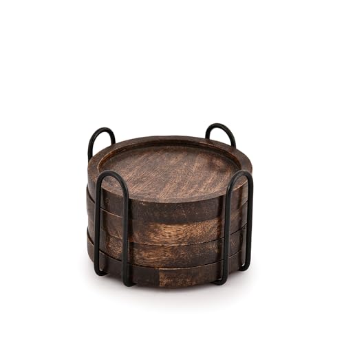 Image of SAMHITA Mango Wood Coasters for Drinks with Iron Holder Stand Set of 5 for Drinking Glasses, Tabletop Protection for Any Table Type
