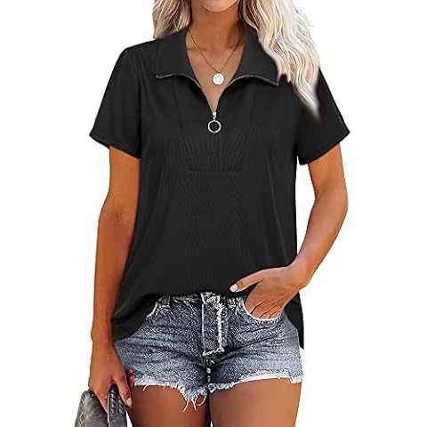 WUDODO Damen Poloshirt V-Ausschnitt Kurzarm Bluse Reißverschluss Oberteile Tunika Sports Hemd Casual T-Shirt Cover