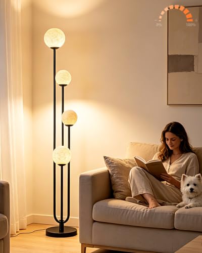 Image of Lightdot Black Globe Floor Lamp 4-Lights Dimmable Floor Lamps with Tray 3000K Bulbs Included Unique Candle Standing Lamp with Grey Shade for Living Room /Bedroom /Sofa Beside /Corner Decor