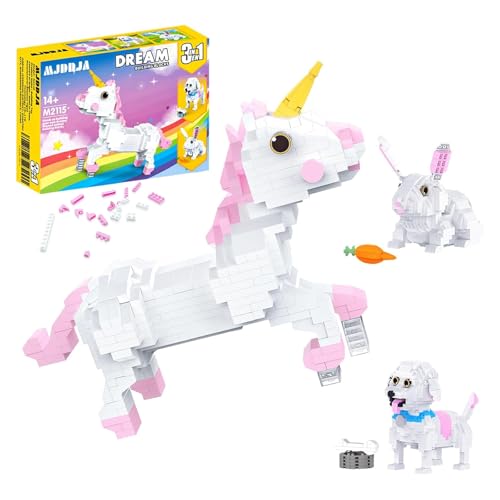 MJDDJA 3 in 1 Micro Mini Cute Unicorn Building Toy for Kids,Bunny Animal Building Blocks,Transforms from Unicorn to Dog to Bunny, Unicorn Toys for Girls Boys 6 7 8 9 10+,Birthday Easter Day Gift