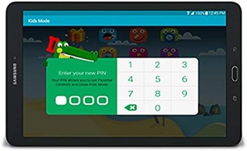 Samsung Galaxy Tab E 8.0 tablet screen showing the 'Kids Mode' interface with parental control PIN entry.