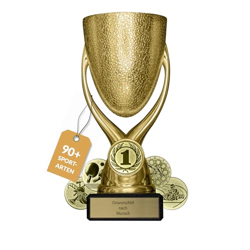 pokal-fabrik.de - Pokal mit Gravur Wunschtext in Gold - personalisiertes Geschenk & Sportemblem nach Wahl - 15 cm inkl. Marmorsockel - Geschenk-Trophäe | Pokal Kinder (Gold)