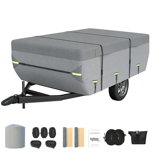 Pop Up Folding Camper Cover Upgraded 8 Layers Top Fits 10 to 12 Feet Trailers Waterproof Camper Cover RV Cover for Winter Snow with Extra Windproof Ropes Adhesive Repair Patche
