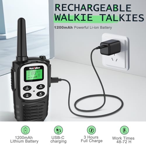 Image of MaxTalker Walkie Talkies Long Range, FRS Two Way Radio (2-Pack, White) | Rechargeable 1200mAh USB-C walkie talkie with NOAA, LED flashlight & VOX, Ideal for hiking, camping