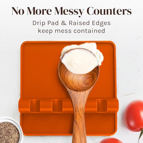 Image of Orange Silicone Spoon Rest for Stove Top with Drip Pad (Two Pack) - Heat Resistant BPA Free Utensil Rest & Spoon Holder for Kitchen Counter - Grill Utensil Chopstick Holder - Spatula Holder