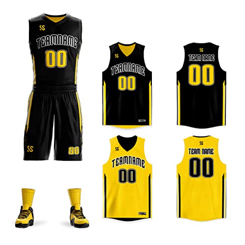BaiLiLai Personalize Your Own Reversible Basketball Jersey Uniform Custom Name and Number for Men/Women/Youth, Black & Yellow