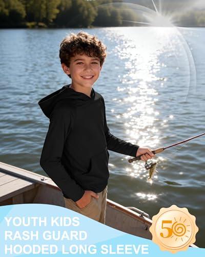 Image of Boys Rash Guard Hoodie UPF 50+ Long Sleeve Sun Protection Swim Shirt