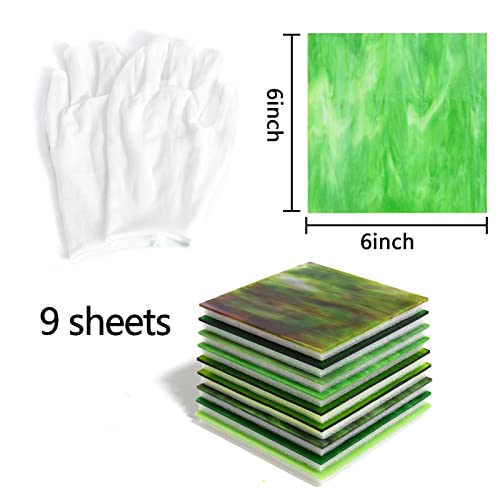 Wecrejoni 9 Sheets Variety Stained Glass Sheets,6 X 6" Cathedral Art Glass Variety Mixed Textures Glass Sheets For Stained Glass Projects, For Crafts (Green) #TOP2