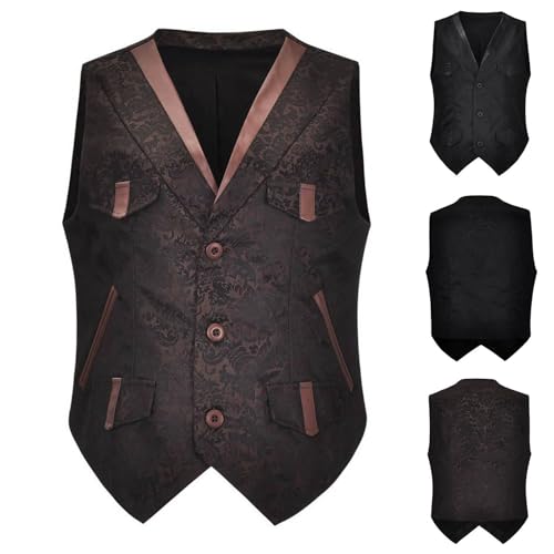 Mens Victorian Suit Vest Print V-Neck Formal Medieval Steampunk Gothic Waistcoat Retro Vests Halloween Themed Party