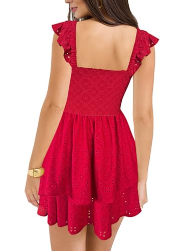 Image of HESUUIO Women's Summer Mini Dress Elegant Backless Hollow Out Eyelets Layered Flowy Swing Short Party Dress Casual Sundress