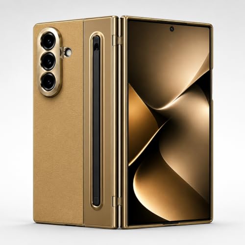 Image of amazon basics Premium Genuine Leather Case for Samsung Galaxy Z Fold 8 Ultra - Slim Fit Luxury Business Cover with Built-in S Pen Slot & Magnetic Hinge Protection - Midnight Gold