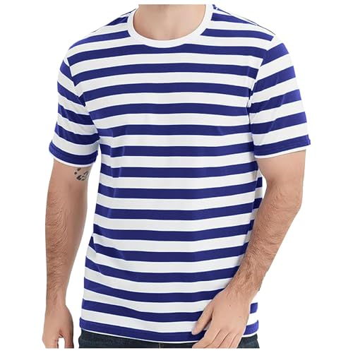 2025 - T-shirt européen à rayures bleu marine et rayures pour homme - Décontracté - Tendance - Confortable - Commerce extérieur - Affaires - Sport - Col...
