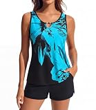Hanna Nikole Tankini Oberteil mit Badeshorts Modisch Drucken Tanktop Zweiteiliger Badeanzug Damen Sport Tankini Damen Set Push Up Blaugrüne Blüten XL