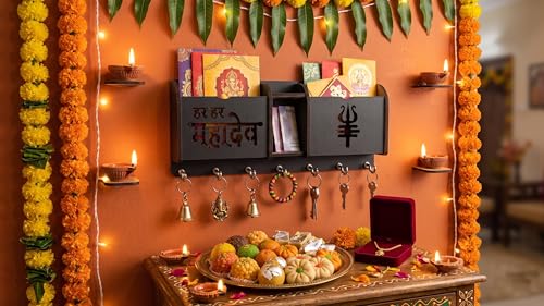 Image of Premium Wooden Har Har Mahadev & Trishul Key Holder for Wall | 7 Hooks Key Hanger with 3 Compartments for Mobile, Mail & Wallet | Lord Shiva Spiritual Wall Organizer for Home Decor & Office