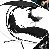 KESSER® Schwebeliege mit Sonnenschirm, Hängeliege, Sonnenliege H200, L194, B100 cm, Relaxliege, Schaukelliege Hängematte, bis 120 kg belastbar, Schaukelliege, Auflagen - Nackenkissen, Schwarz