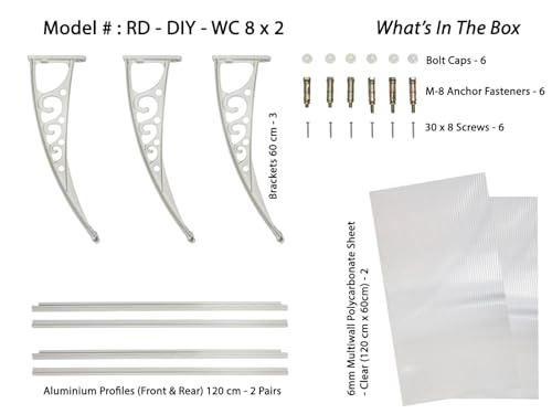 Image of CHENNAI Window Blinds and Shades DIY Polycarbonate Awning (Engineered Plastic Brackets) Window Sunshade Door Weather Shed Rain Canopy Awnings - 8'Widthx2'Depth (White Brackets & Clear Sheets)