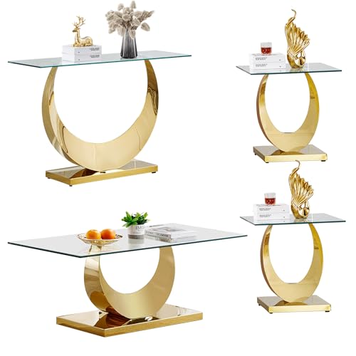 4-Piece Living Room Table Set, Modern Gold Glass Coffee Table with 1 Console Table & 2 End Tables Set for Apartment, Tempered Glass Coffee Table Sets Perfect for Living Room, Stainless Steel Frame