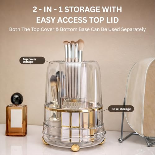 Image of KREPS 360 Rotating Makeup Brush Holder with Lid, Makeup Organizer for Nail Polish Perfume Lipstick Pen-Pencil Paint Brush Stationary, Multifunctional Dressing Table Storage
