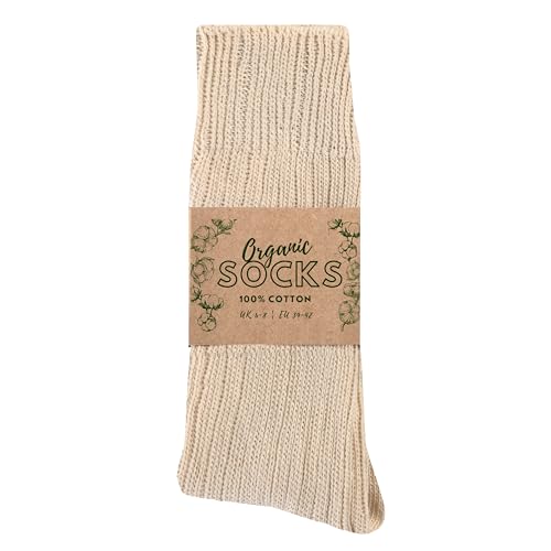 Wonky Line Calcetines Algodón Orgánico 100% Natural, 3 Pares Unisex Hombre Mujer, Transpirables Sin Costuras, Parte Superior Suave, Sostenibles Ecológicos - Natural - 39-42