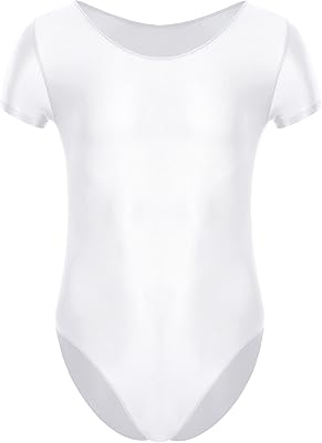 Yihuimin Adult Mens Solid Color Glossy Swimwear Rash Guard Sports Leotards Short Sleeve Dance Unitards White Large