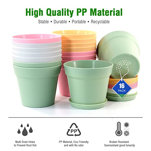 Wousiwer 16 Pack 6 Inch Plastic Planters, Plastic Indoor Planter Flower Pots, Heavy Duty And Stylish 6 Inch Plant Pots For Indoor Plants With Drainage Holes And Tray For Plants, Flowers, Colorful #TOP4